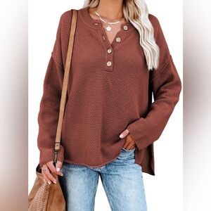 Waffle Knit Long Sleeve V Neck Oversized Sweater